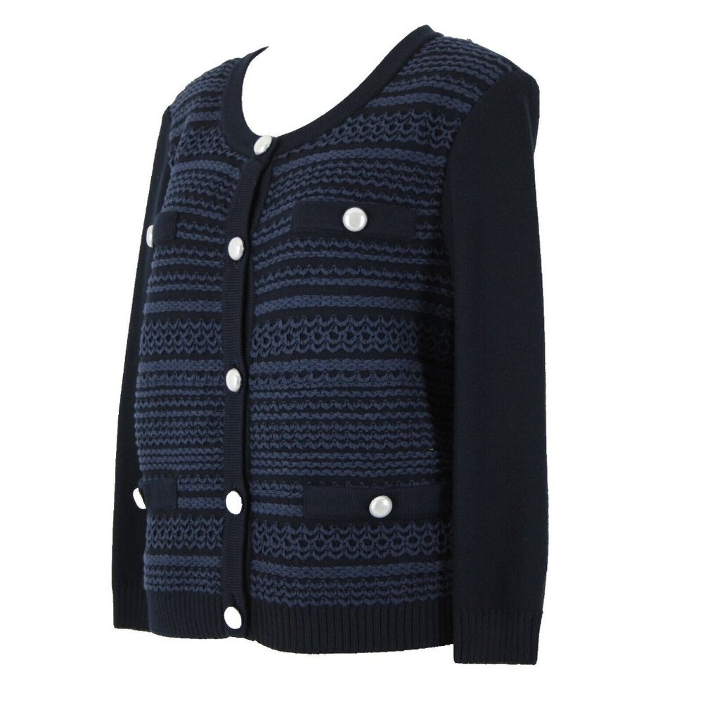 St John Collection $750 Sz M Navy Blue Pearls Novelty Knit Poly Rayon Jacket